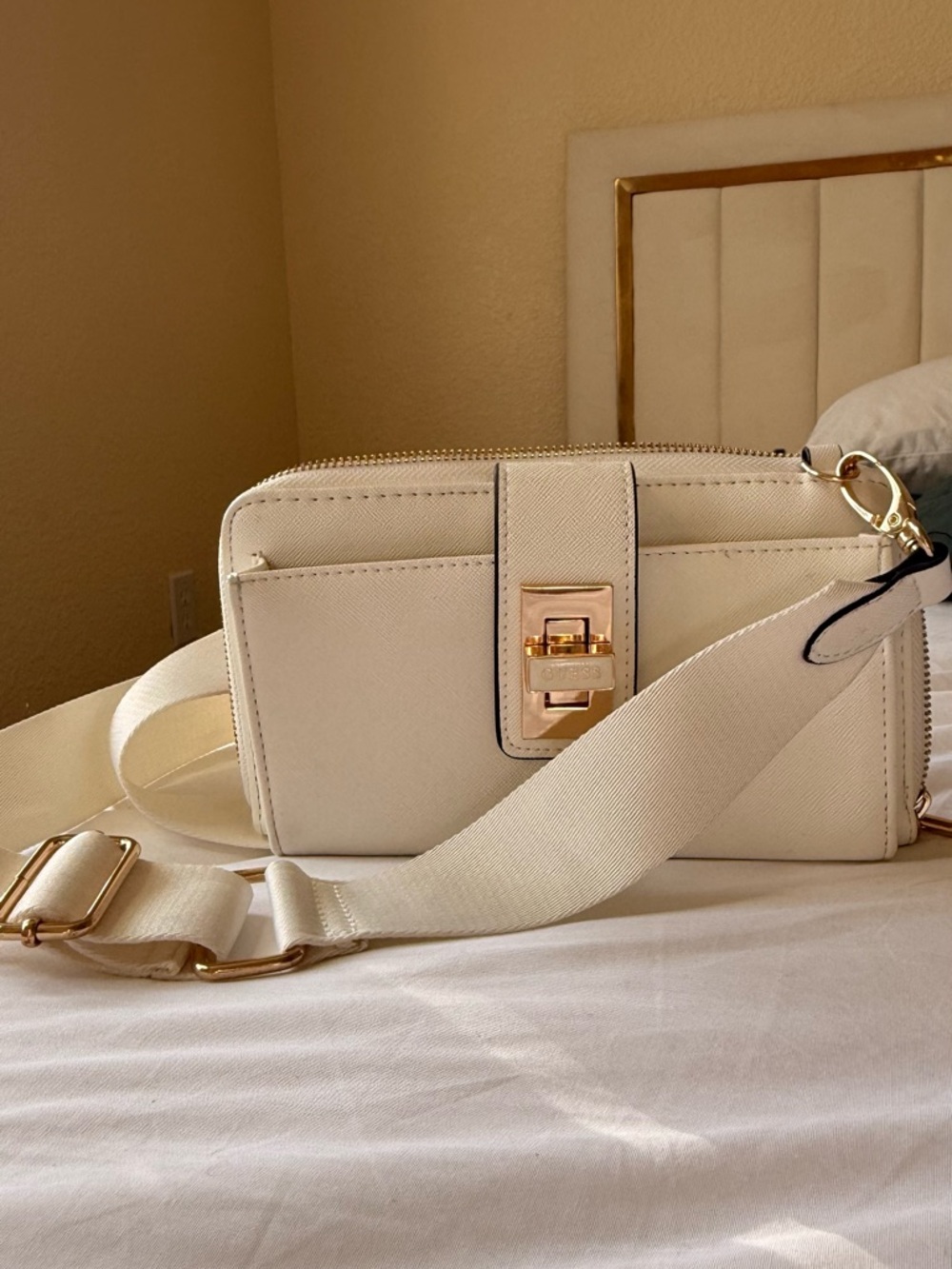 Guess Cream Crossbody Wallet with Gold-Tone Hardware
